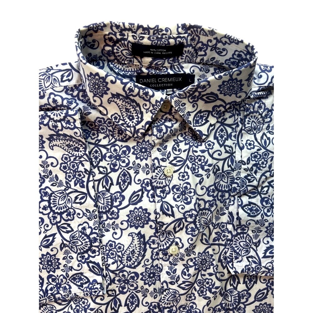 Daniel Cremieux Collection Mens Large Blue White Floral Paisley Cotton Shirt SS